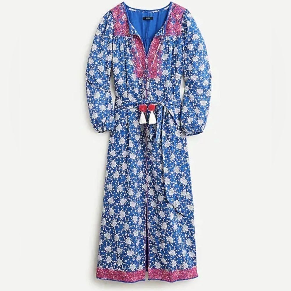 NWOT J. Crew Blue & White Print Midi with Pink Embroidery in XS & Matching Belt